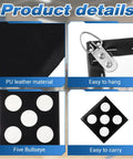 PU Leather Square Fencing Target Pad With Five Bullseyes, wall mount details, material and design shown in four sections