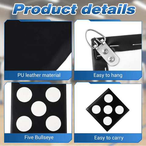 PU Leather Square Fencing Target Pad With Five Bullseyes, wall mount details, material and design shown in four sections