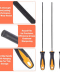 Three Pack 1/8 Inch Chainsaw File Set For Quick Sharpening Of Chainsaw Teeth, showing three black and yellow ergonomic handled files.