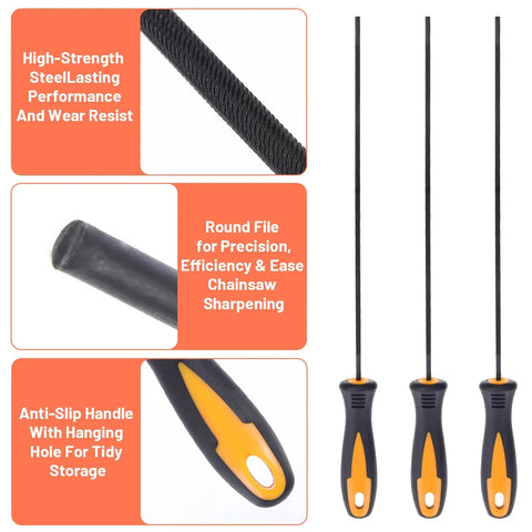 Three Pack 1/8 Inch Chainsaw File Set For Quick Sharpening Of Chainsaw Teeth, showing three black and yellow ergonomic handled files.