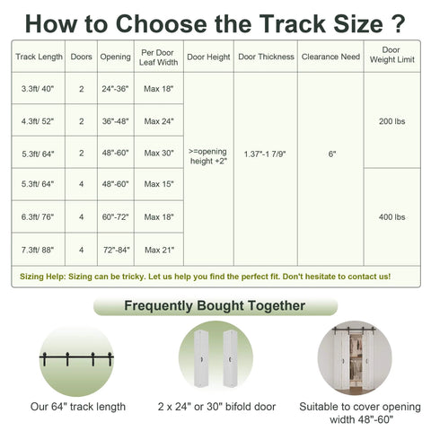Chart illustrating track sizes for 64 Inch Bifold Barn Door Hardware Kit For Closet Doors For Tight Spaces Bi Folding Track System