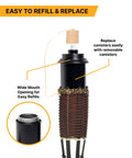 Close-up of a 57-inch tall bamboo torch with 16-ounce fuel canister and fiberglass wick, featuring burnt sienna weave style.