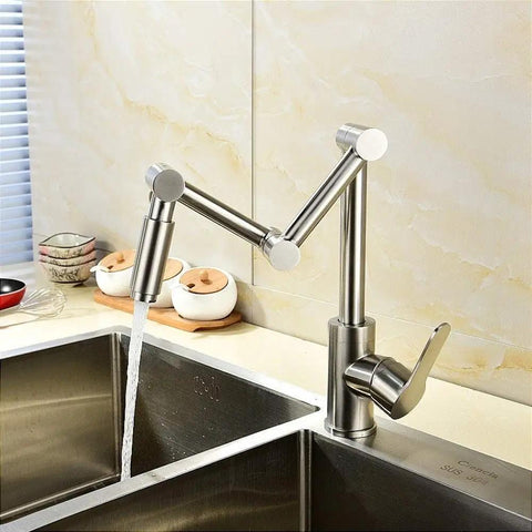 ZBSAVFM Lead-Free 304 Stainless Steel Articulating Kitchen Faucet with 360° rotating spout and brushed finish in kitchen sink.