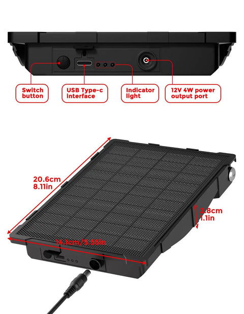 Solar Panel Kit For Trail Cams With 6000mAh Battery And 12V Output IP66 Waterproof showing dimensions and ports