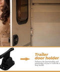 Premium T-Shaped Nylon Trailer Door Catch For Rv Camper And Enclosed Utility Trailers With Heavy Duty Hold Hooks For Secure Cargo Doors Easy Install, shown on RV door.