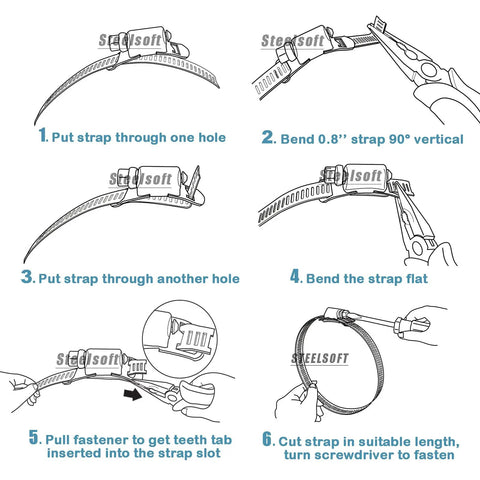DIY Hose Clamp System Kit With 9.8 Ft Band And Six Fasteners assembly steps illustration
