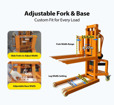 CareArise electric pallet stacker, orange frame with adjustable forks and base; 660 lb capacity, 47.24 in lift.