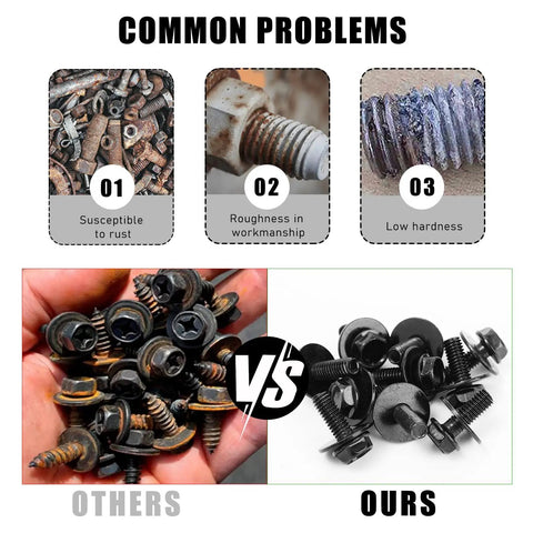 Comparison of rusty regular bolts and Car Body Bolt And U Nut Kit with hex screws showing quality and rust resistance.