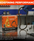 Hand holding Cogged V-Belt 1/2 x 40in OC Industrial Drive Belt beside box and tools on workshop table.