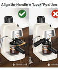 Level Up Your Daily Coffee Grind With This Top Shelf Compact Espresso Machine showing handle lock position for brewing.