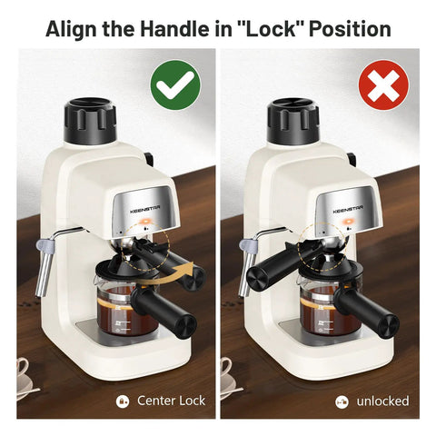 Level Up Your Daily Coffee Grind With This Top Shelf Compact Espresso Machine showing handle lock position for brewing.