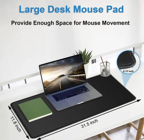 Extra Large Gaming Mouse Pad With Stitched Edges, Premium Microfiber Surface, Waterproof Non Slip Desk Mat 31.5 By 11.8 Inches For Home Office And Gaming Setup, Keyboard, Mouse, Laptop, And More, Black with laptop and notebook displayed on top