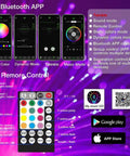 Lit 16W RGBW Bluetooth App Controlled Fiber Optic Star Ceiling Kit With Music Sync showing smartphone app modes and remote control.