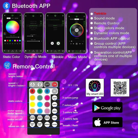 Lit 16W RGBW Bluetooth App Controlled Fiber Optic Star Ceiling Kit With Music Sync showing smartphone app modes and remote control.