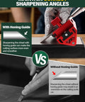 Comparison of chisel sharpening with and without honing guide, showing Double-Sided Chisel Sharpening Kit With Diamond Stones, Honing Guide Protractor For Pro Grade Setup, Knife Sharpener Plate For Chisels, Kitchen And Outdoor Woodworking Tools, 400/1000 Grit, Easy Angle Calibration, Fast, Precise Edge For Sharp Results