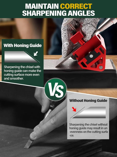 Comparison of chisel sharpening with and without honing guide, showing Double-Sided Chisel Sharpening Kit With Diamond Stones, Honing Guide Protractor For Pro Grade Setup, Knife Sharpener Plate For Chisels, Kitchen And Outdoor Woodworking Tools, 400/1000 Grit, Easy Angle Calibration, Fast, Precise Edge For Sharp Results