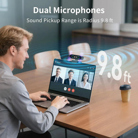 Man using Straight Up Dope 4K Dual Camera Webcam for Streaming and Video Calls on laptop during video call with dual microphones.