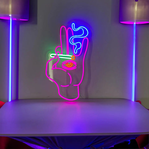 Lit Evil Eyes LED Neon Sign For Wall Decor 12V Dimmable Reusable Neon with flexible silicone LED strips on table display.