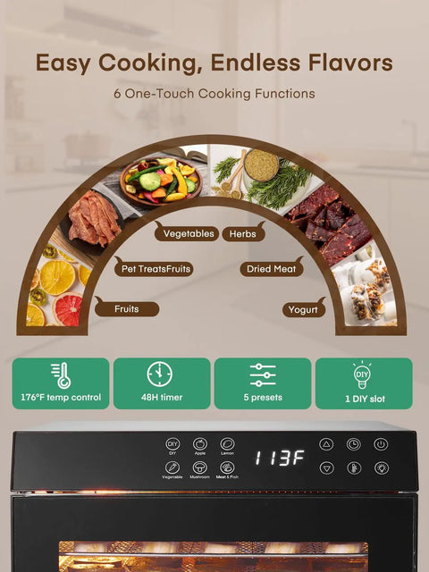 Pro Level Electric Food Dehydrator With Ten Roomy Stainless Trays For Big Batch Jerky And Crispy Fruit Snaps controls and features