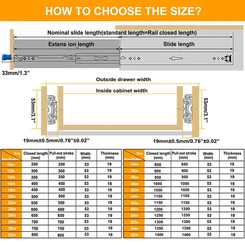 Diagram and table showing dimensions for Beefed Up Heavy Duty Full Extension Drawer Slides Set For Cabinets And RVs Side Mount Ball Bearing Rails