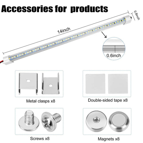 12V LED Interior Light Bar With Magnetic Mounts And On Off Switch, showing 14-inch bar with accessories like metal clasps and magnets