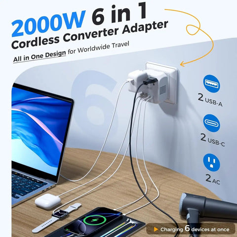 2000W Voltage Converter For Travel 220V To 110V with 2 PD QC Ports charging multiple devices on a table