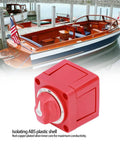 Three Position 300 Amp Dual Circuit Battery Disconnect Switch Isolator with Rotary Actuator for marine boats displayed in front of a docked wooden boat.