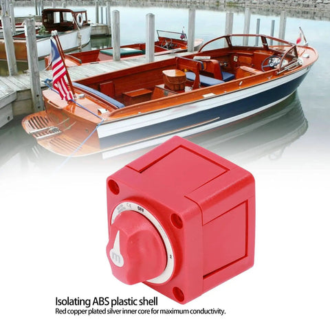 Three Position 300 Amp Dual Circuit Battery Disconnect Switch Isolator with Rotary Actuator for marine boats displayed in front of a docked wooden boat.