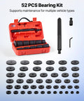 Bearing Press Kit With 52 Piece Bearing Race And Seal Driver Set Including 49 Bushings And Handle Shaft Heavy Duty Carbon Steel Removal And Installation Tool Kit For Automotive And Industrial Maintenance in red case with black discs and tools displayed.