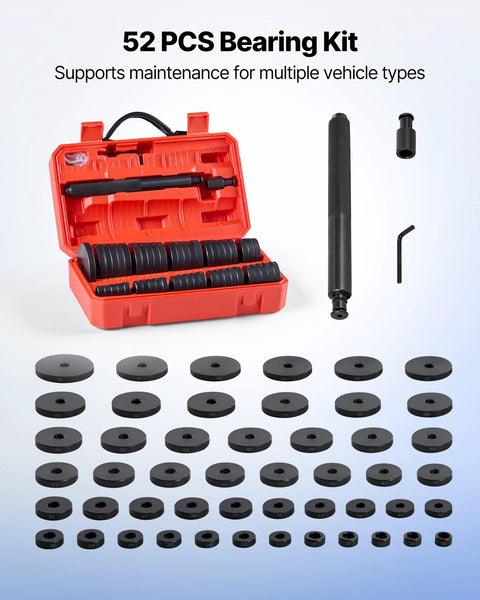 Bearing Press Kit With 52 Piece Bearing Race And Seal Driver Set Including 49 Bushings And Handle Shaft Heavy Duty Carbon Steel Removal And Installation Tool Kit For Automotive And Industrial Maintenance in red case with black discs and tools displayed.