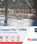 Compact Pro Round LED High Bay Light for Garages and Warehouses, ultra bright lumens, white ceiling fixture in warehouse