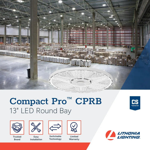 Compact Pro Round LED High Bay Light for Garages and Warehouses, ultra bright lumens, white ceiling fixture in warehouse