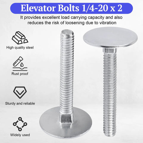 Pair of zinc-plated steel elevator bolts, 1/4-20 x 2, flat heads for garage and industrial hardware