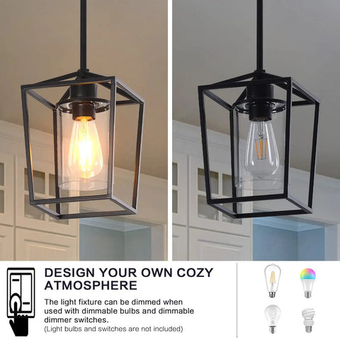 Height Adjustable Black Iron Cage Farmhouse Pendant Light With Clear Glass Shade for Kitchen Island featuring dimmable bulbs.