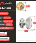 Top Shelf Brushed Nickel Cabinet Knobs, dimensions showing 1-3/16 inch size and solid zinc alloy material for cupboards.