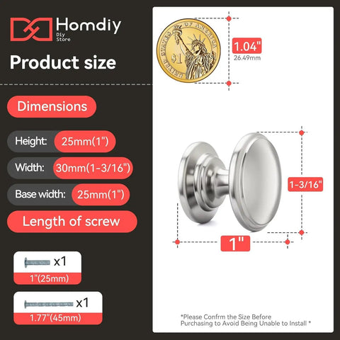 Top Shelf Brushed Nickel Cabinet Knobs, dimensions showing 1-3/16 inch size and solid zinc alloy material for cupboards.