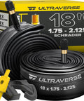 18 Inch Bike Inner Tube Set fits 18x1.50 to 18x2.125 tires, heavy-duty butyl rubber with Schrader valve, two-pack shown.
