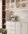 Kitchen setup with white cabinets featuring 30 Pack Gold Cabinet Pulls Square Drawer Handles, Dope Look, Zinc Alloy Brushed Brass Finish.