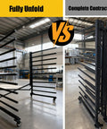 Left image shows Knockout Heavy Duty Steel Paint Drying Rack With Smooth Rolling Caster Wheels For Cabinet Doors Drawer Panels And Wood Trim fully unfolded; right image shows it fully contracted.