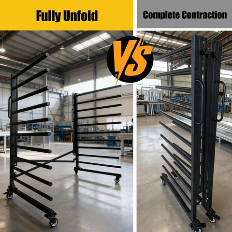 Left image shows Knockout Heavy Duty Steel Paint Drying Rack With Smooth Rolling Caster Wheels For Cabinet Doors Drawer Panels And Wood Trim fully unfolded; right image shows it fully contracted.