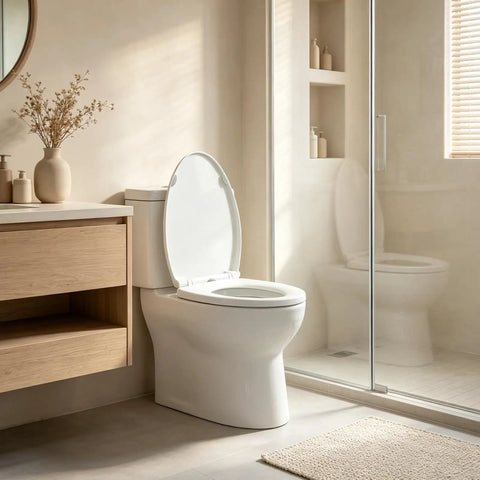 Premium Elongated Toilet Seat 18.5 Inch White With Silent Soft Close Hinge And Quick Release Design for modern bathroom setup.