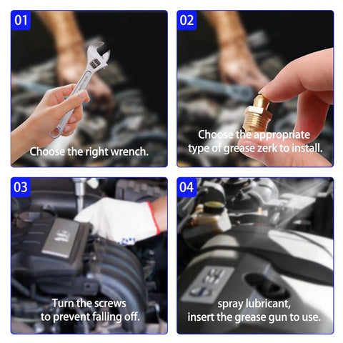 Step-by-step guide using Pro Grade Metric Brass Grease Nipple Assortment Kit 15 Pieces M4 Straight 45 Degree 90 Degree Angled Zerk Fittings