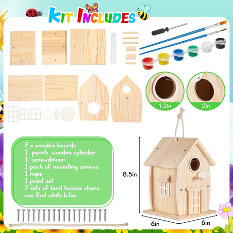 2 Pack Rustic Wood Bird House Kit With Paints And Brushes For Grownups And Kids Build It Yourself Pine Weatherproof Outdoor Craft Rural Style Pre Drilled, showing kit components and assembled pine bird house