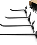 80 Pack Slatwall Hooks Set With 4 6 8 10 Inch Heavy Duty 0.24 Inch Thick Black Slatwall Accessories displayed in various sizes.