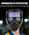 Front view of an Auto Darkening Welding Mask With Intelligent Sensitive Filters Dust Protection and Adjustable Straps for Pro Welders.