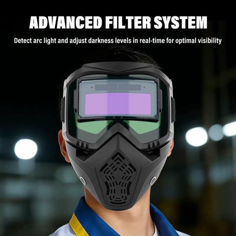 Front view of an Auto Darkening Welding Mask With Intelligent Sensitive Filters Dust Protection and Adjustable Straps for Pro Welders.