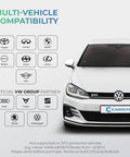 Bluetooth OBD2 Scanner For Cars With Live Data Diagnostics Customizations compatibility chart and VW car front view