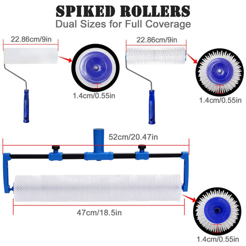 18 Inch Self Leveling Cement Tool Kit With Pro Grade Adjustable 12 To 18 Inch Roller Frame, Spike Roller Set Illustrated