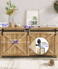 5 Foot Bypass Sliding Barn Door Hardware Track Kit for easy install shown on cabinet, highlighting dimensions and door thickness fit.