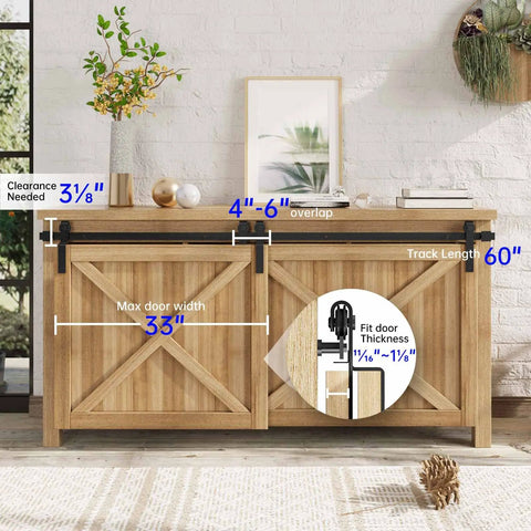 5 Foot Bypass Sliding Barn Door Hardware Track Kit for easy install shown on cabinet, highlighting dimensions and door thickness fit.